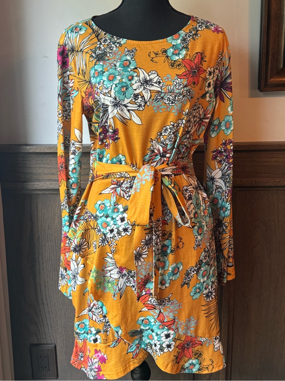 Club L London Mustard Floral Tie-Waist Long Sleeve Dress 14 EUC